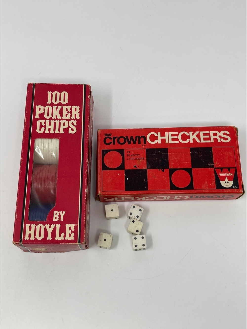 Vintage Game Lot Hoyle Poker Chips Whitman Crown Checkers White Plastic Dice